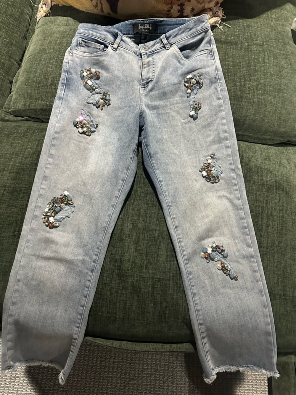 Joseph Ribkoff Light Wash Boyfriend Jeans with Multicolor Gem Embellishments